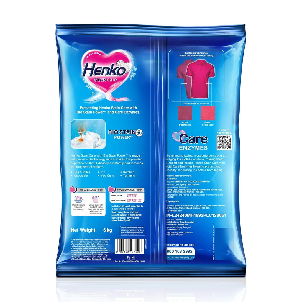 Henko Stain Care Laundry Detergent Powder 6 kg for Bucket Wash | Powered with Bio Stain | New Stain Care with Bio Stain Power for Toughest Stain Removal & Care