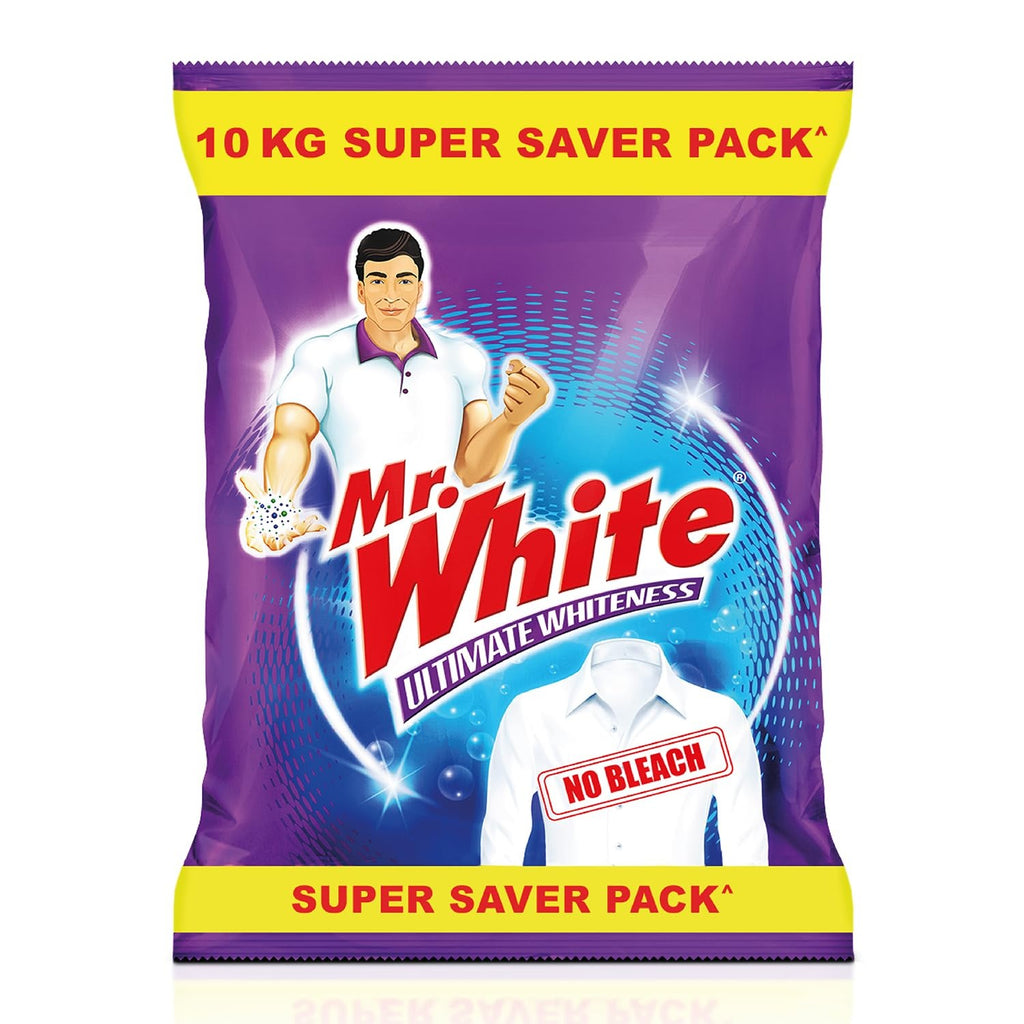 MR WHITE Detergent Powder 10 Kg Super Saver Pack|Whiteness Boosters Gives Ultimate Whiteness | No Bleach Formula Keeps Coloured Clothes Bright And Safe |