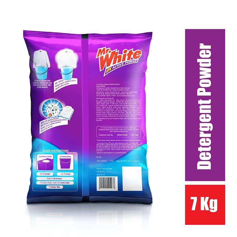 MR WHITE Detergent Powder 7 Kg Budget Pack |Whiteness Boosters Gives Ultimate Whiteness | No Bleach Formula Keeps Coloured Clothes Bright And Safe | For Bucket