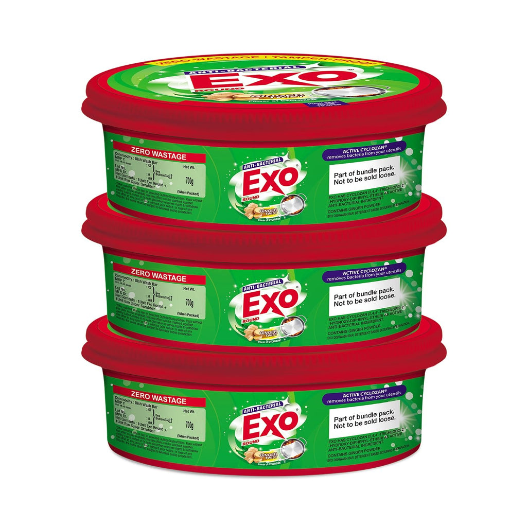 Exo Round Dishwash Bar 700gm X 3 | Complete Dishwashing Solution With Anti-Bacterial Efficacy & Goodness of Ginger Remove Tough Grime Stains With Ease |