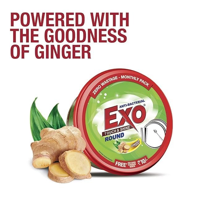 Exo Round Dishwash Bar 250G (Pack Of 2) With Exo Super Dishwashing Solution With Anti-Bacterial Efficacy & Ginger Remove Tough Grime Stains With Ease.