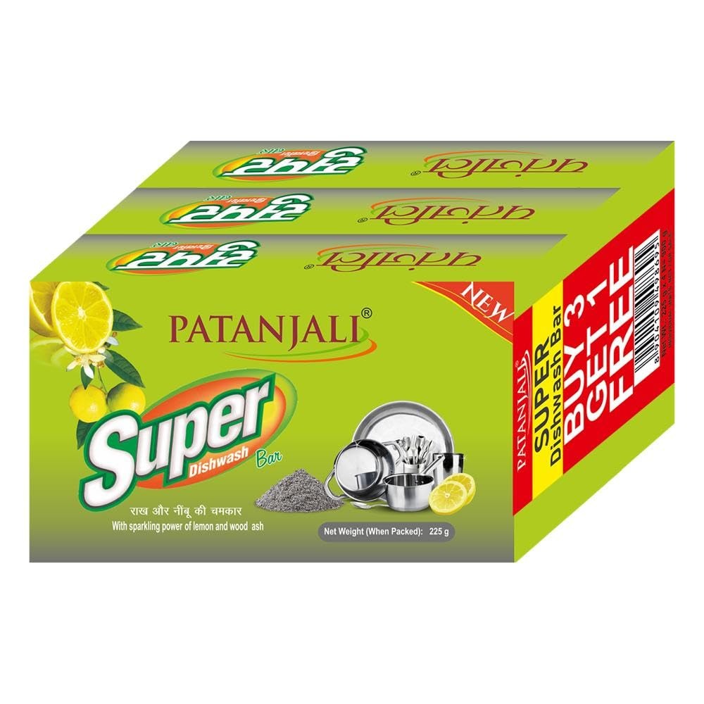 Patanjali Super Dishwash Bar - 225g (Buy 3 Get 1),dishwash bar, natural dish cleaner, lemon & wood ash, herbal cleaning, grease remover, Patanjali, eco-friendly