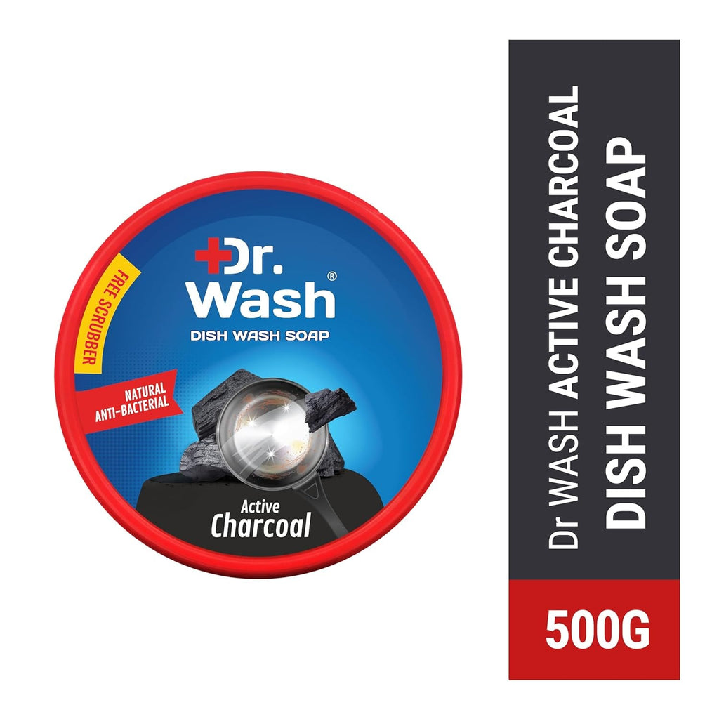 Dr. Wash Dishwash Bar with Active Charcoal, 500 g, Natural Anti-bacterial Formula, Removes Oil, Kills Bacteria, Sanitizes the utensils, Includes Scrub