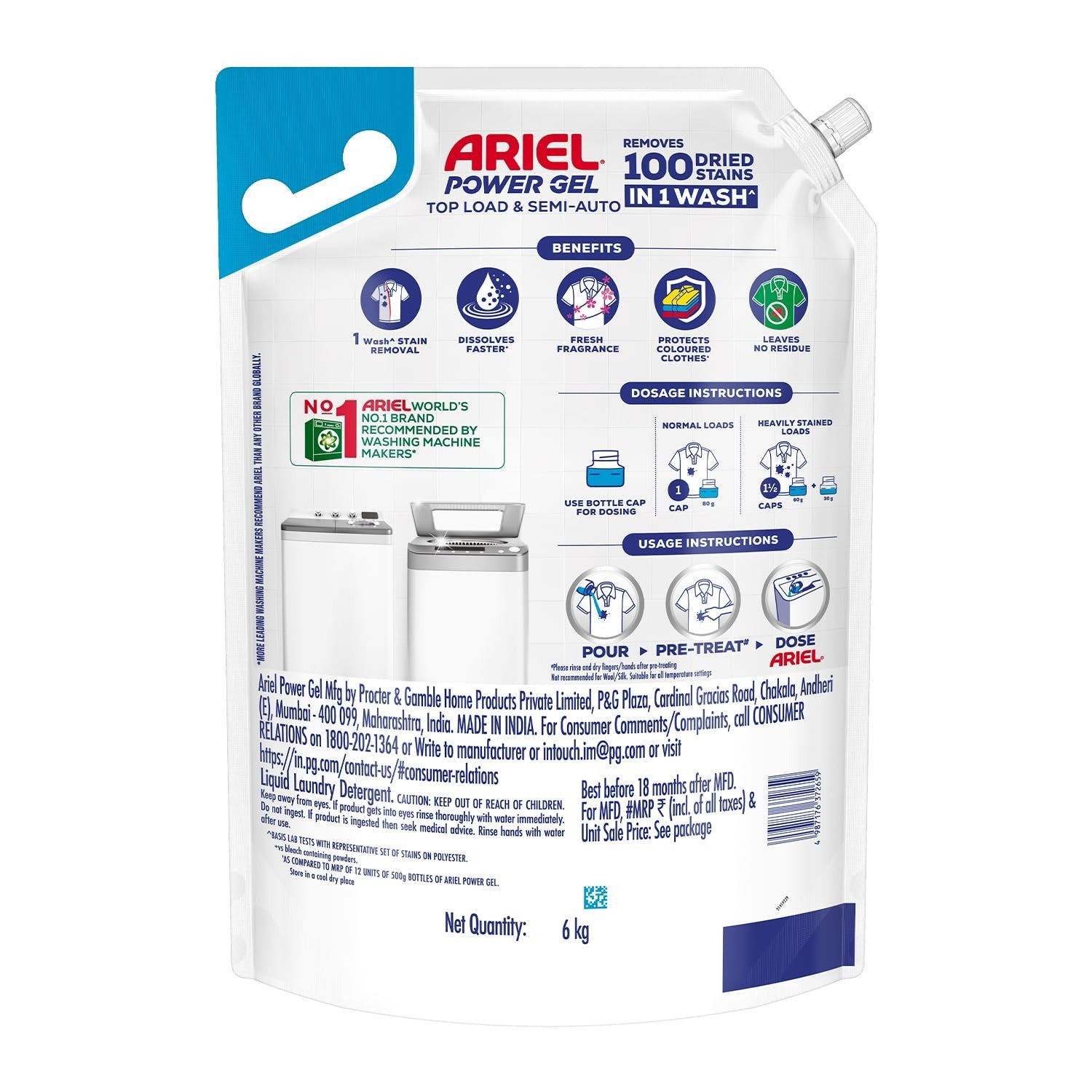 Liquid Detergent - Ariel Power Gel Liquid Detergent for Top Load & Semi Auto – 6kg | Removes 100 Dried Stains in 1 Wash | Faster Dissolving | Long-Lasting Fragrance |