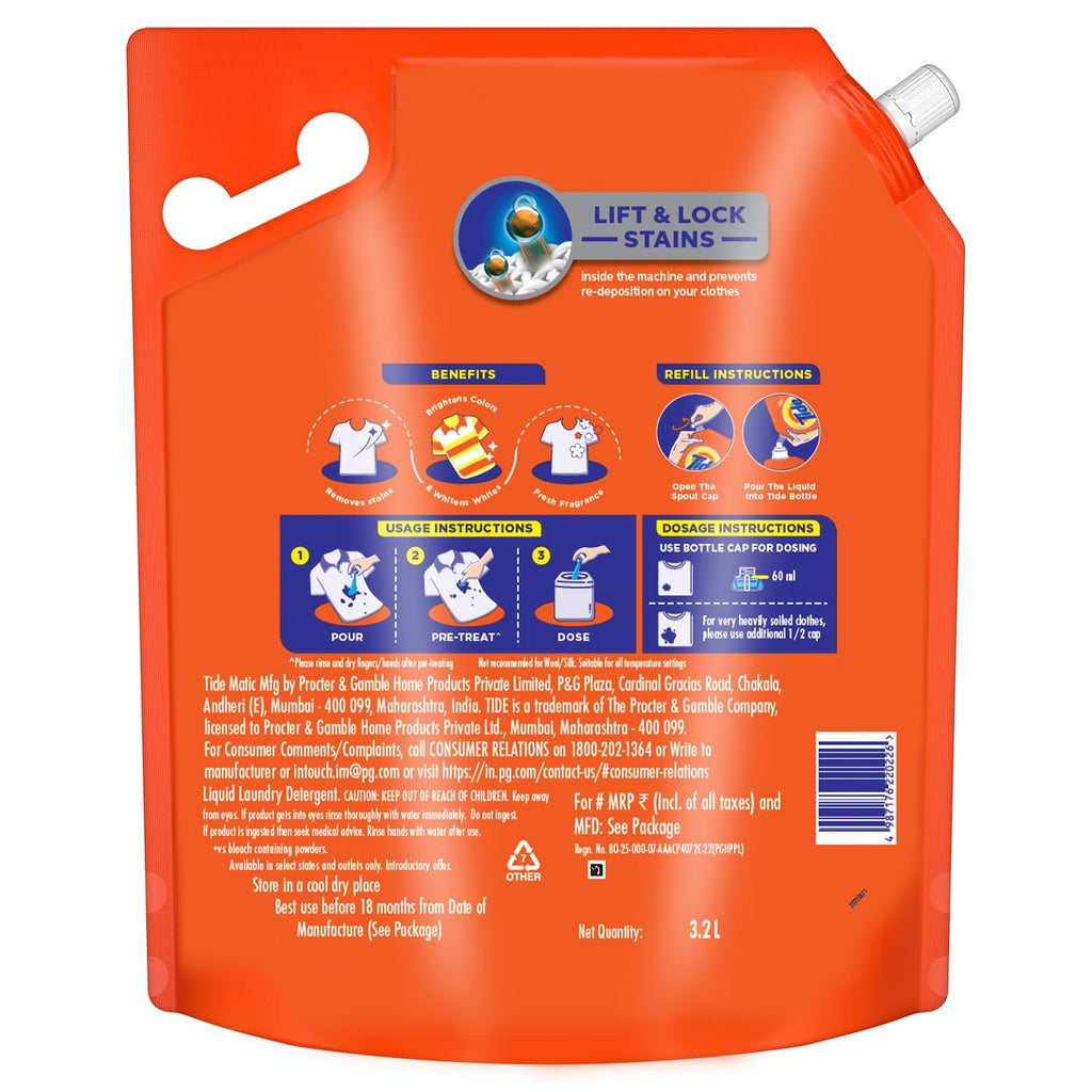 Liquid Detergent - Tide Matic Liquid Detergent 3.2L Top Load Washing Machine ,delivers powerful stain removal in one wash, fast dissolution, long-lasting freshness, and machine