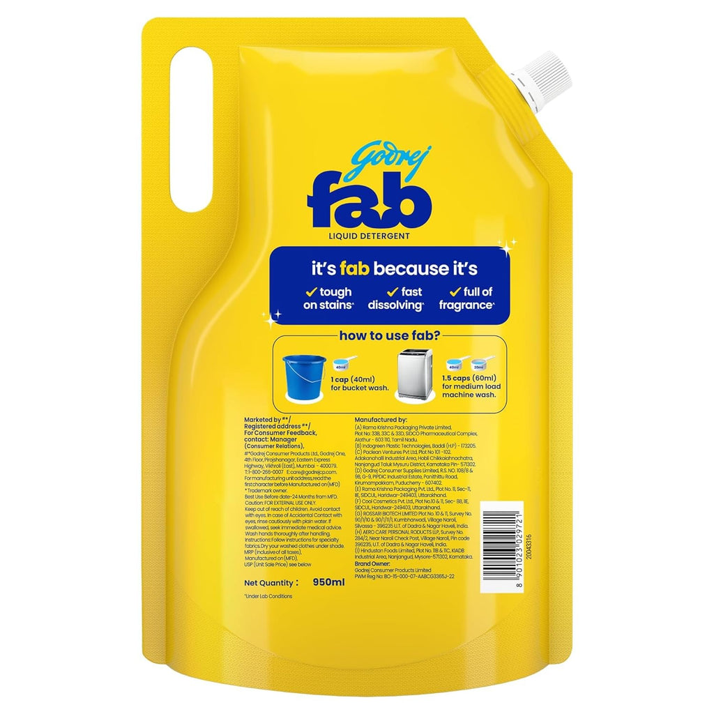 Liquid Detergent - Godrej Fab Liquid Detergent Refill Pouch for Machine & Hand Wash - 950ml/1L,fabric care, gentle wash, machine wash detergent, hand wash detergent, stain removal