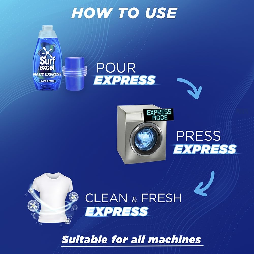 Liquid Detergent - Surf Excel Matic Express Liquid Detergent, Express Clean with 2X Freshness Action 2ltr pouch , Washing Machine Detergent, Fast Stain Removal, Fabric Care,