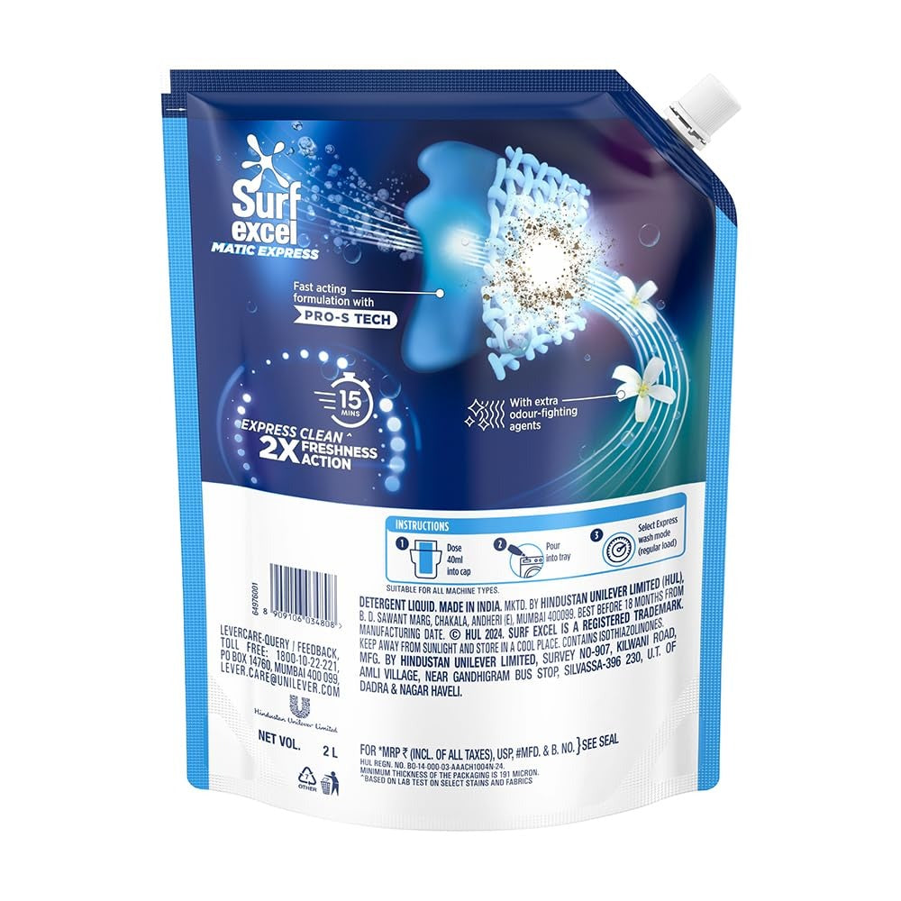 Liquid Detergent - Surf Excel Matic Express Liquid Detergent, Express Clean with 2X Freshness Action 2ltr pouch , Washing Machine Detergent, Fast Stain Removal, Fabric Care,