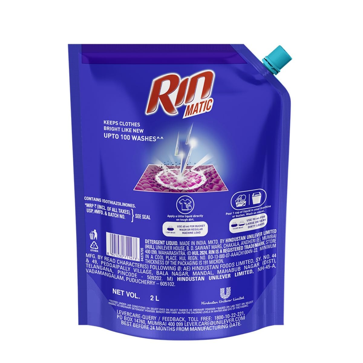 Liquid Detergent -  Rin Detergent Liquid 2L Pouch - Top Load detergent, laundry liquid, stain removal, fabric brightening, deep clean detergent, fresh fragrance, washing machine