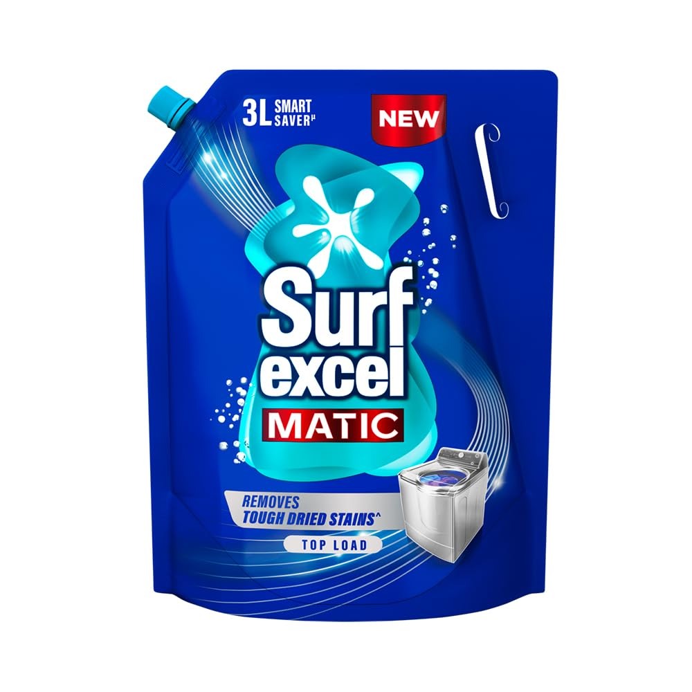 Liquid Detergent - Surf Excel Matic Top Load Liquid Detergent 3 L Refill Pouch, Specially designed to remove Tough Dried Stains, 1st time in Washing Machine,3L pouch, tough stain