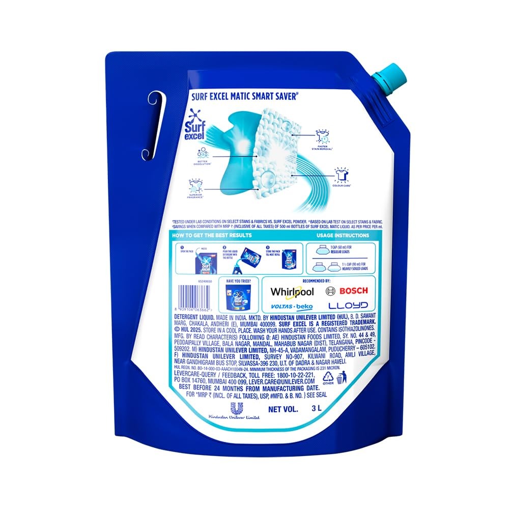 Liquid Detergent - Surf Excel Matic Top Load Liquid Detergent 3 L Refill Pouch, Specially designed to remove Tough Dried Stains, 1st time in Washing Machine,3L pouch, tough stain