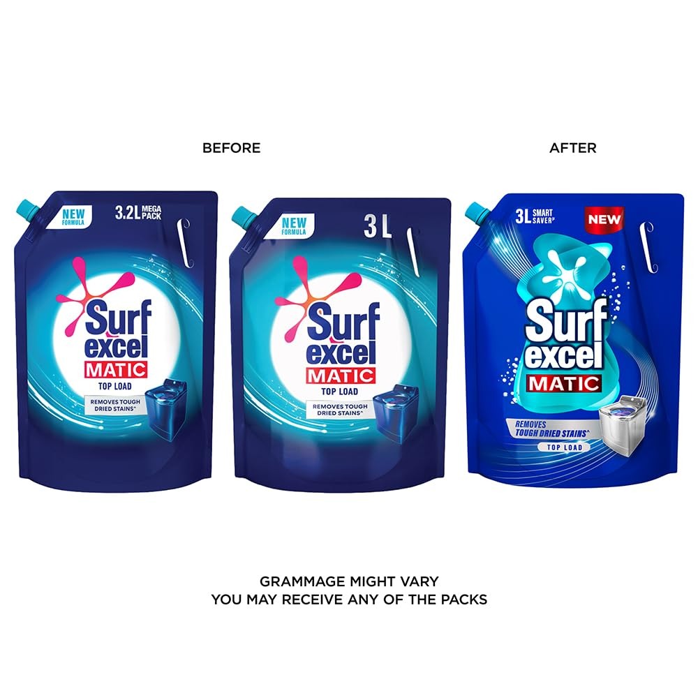 Liquid Detergent - Surf Excel Matic Top Load Liquid Detergent 3 L Refill Pouch, Specially designed to remove Tough Dried Stains, 1st time in Washing Machine,3L pouch, tough stain