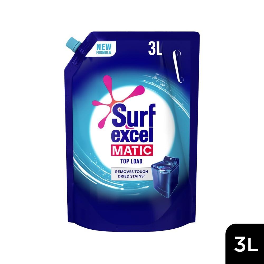 Liquid Detergent - Surf Excel Matic Top Load Liquid Detergent 3 L Refill Pouch, Specially designed to remove Tough Dried Stains, 1st time in Washing Machine,3L pouch, tough stain