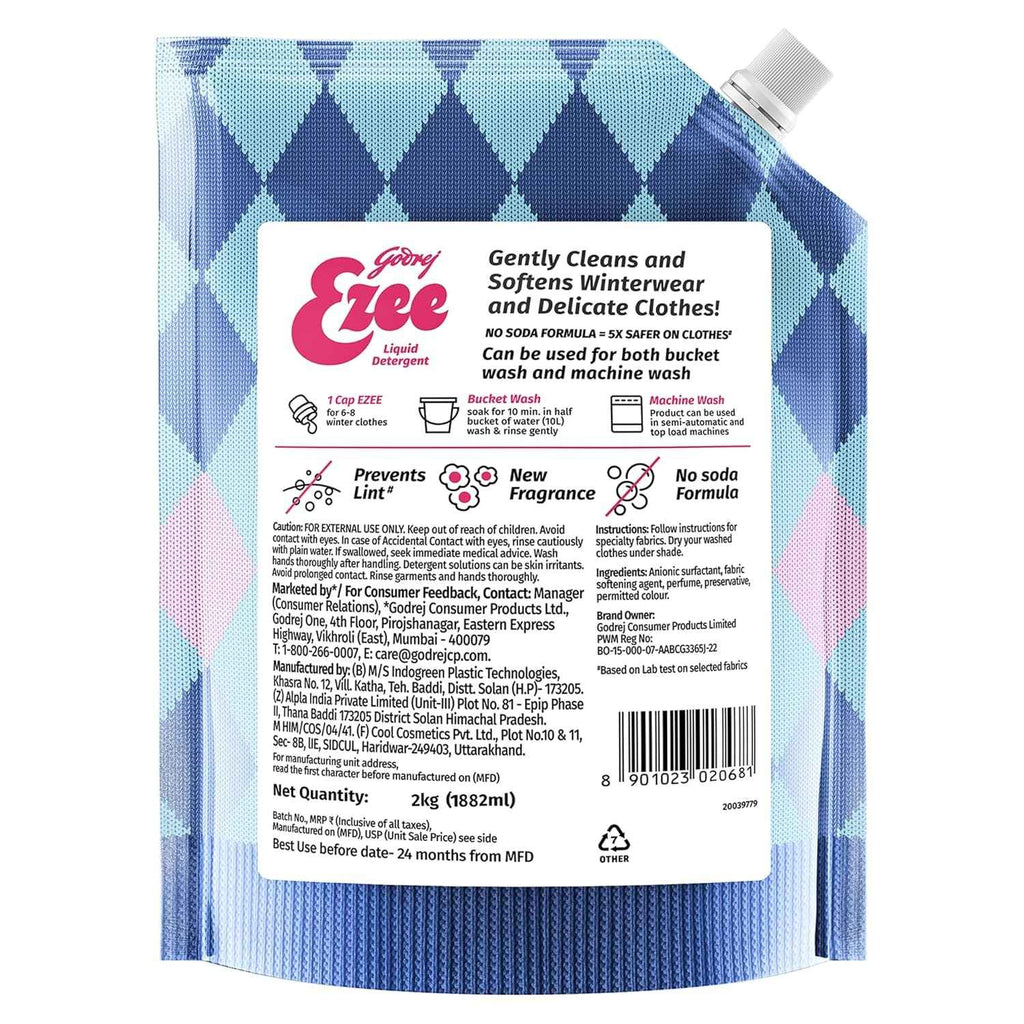 Liquid Detergent  - Godrej Ezee Liquid Detergent 2 Kg Pouch For Winter-Wear, Added Conditioner, No Soda Formula, Woolmark Certified, 1 Count, Godrej Ezee, winter wear detergent,