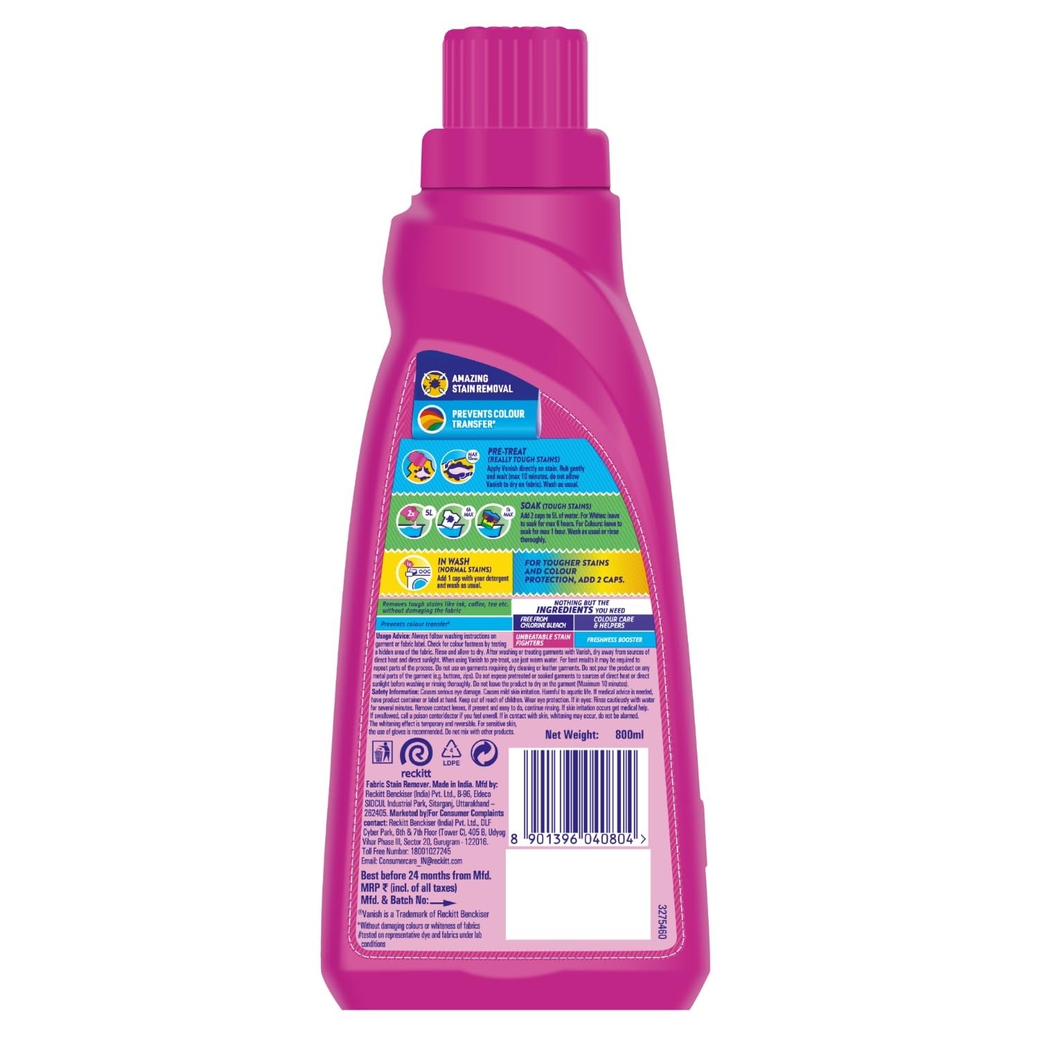 Liquid Detergent - Vanish All in One Liquid Detergent Booster - 800 ml | Removes Stains, Whitens Whites and Brightens Colors,Vanish liquid, stain remover, detergent booster,