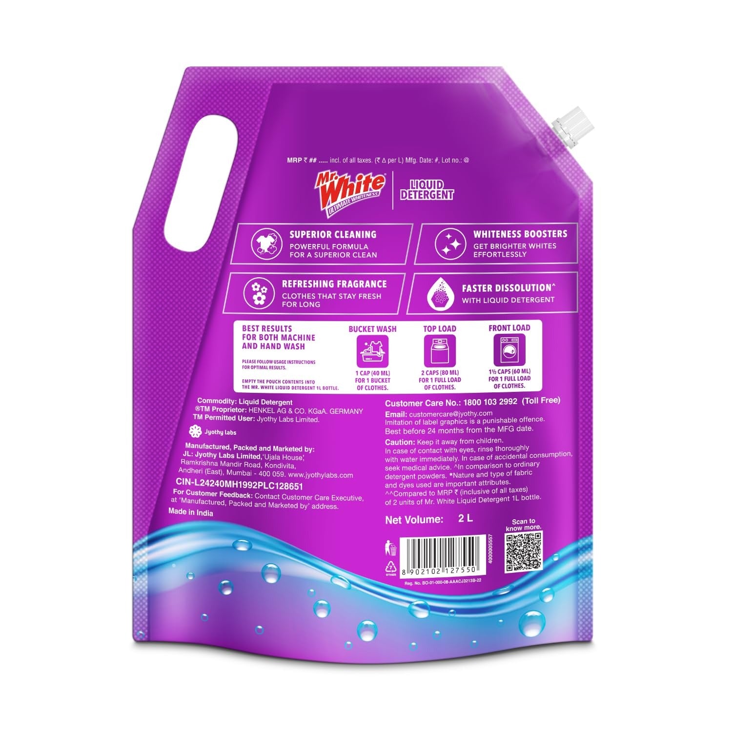 Liquid Detergent - Mr White Liquid Detergent 2L Super Saver Pack | Whiteness Boosters Gives Ultimate Whiteness | No Bleach Formula Keeps Clothes Bright & Safe | Ideal for Front