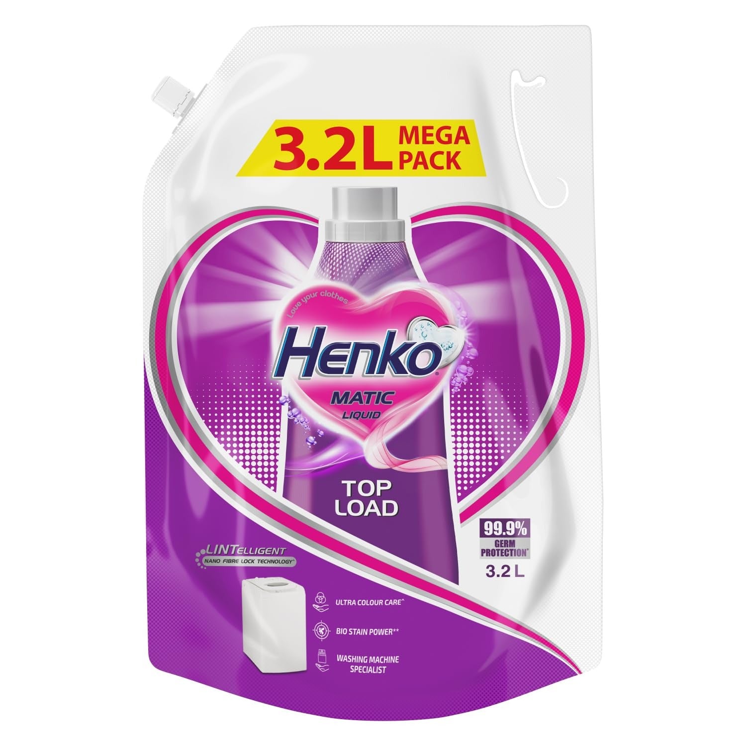 Liquid Detergent - Henko Matic Top Load Liquid Detergent - 3.2L Refill Pouch with Nano Fiber Lock Technology, 99.9% Germ Protection, Bio Stain Power & Ultra Color Care .