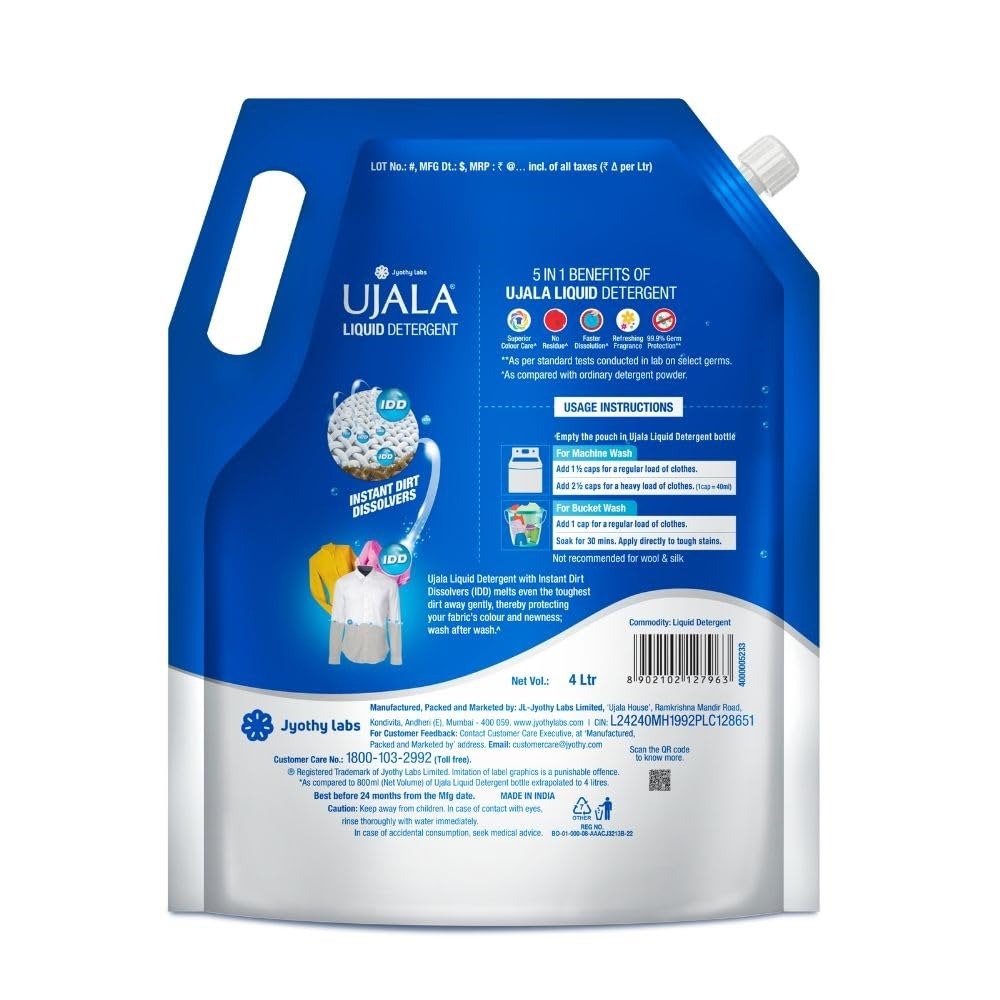 Liquid Detergent - Ujala Top Load Liquid Detergent Mega Saver 4L Refill Pack | Designed For Tough Dirt Removal | Superior Colour Care with Refreshing Fragrance | Ideal for Bucket