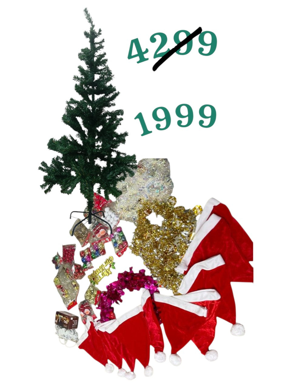 Festive Christmas Decoration Combo Pack – Tree, Ornaments, Santa Figurine & Bells Set for Home & Office Décor |MRP 4299/-|