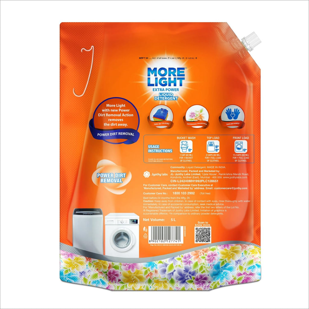 Liquid Detergent - More Light Extra Power Liquid Detergent 5 Litre Pouch with Enzymatic Action Removes Tough Stain | Laundry Liquid Detergent with Refreshing Fragrance for Bucket