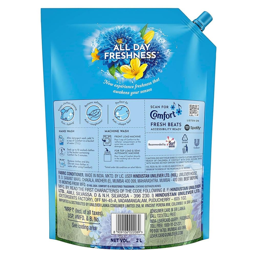 Fabric Conditioner - Comfort After Wash Fabric Conditioner, Refill pouch, super saver pack Morning fresh variant for all day freshness and lasting fragrance, 2 L, softener, Comfort,