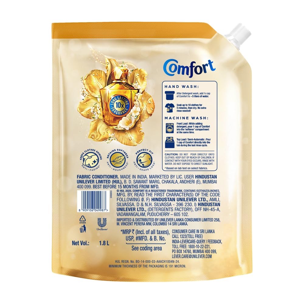 Fabric Conditioner - Comfort Perfume Deluxe Elixir 1.8L Pouch - Luxury fragrance for your clothes, Liquid, Floral,Fragrance, Liquid, Clothes Freshness, Softness, Long-Lasting Aroma,