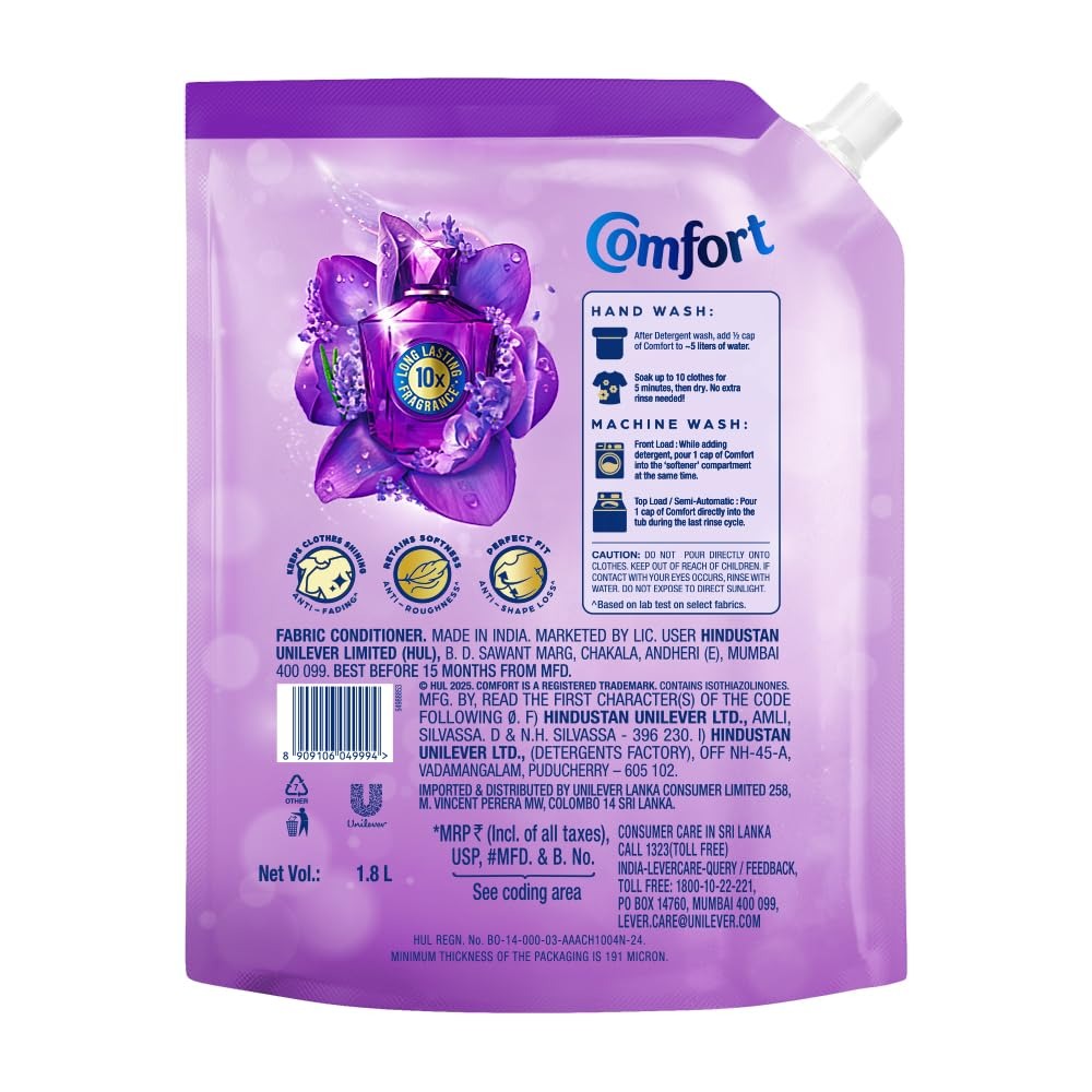 Fabric Conditioner - Comfort Perfume Deluxe Mystique 1.8L Pouch - Luxury fragrance for your clothes, Liquid, Floral,fragrance, soft clothes, long-lasting freshness, laundry, 1.8L