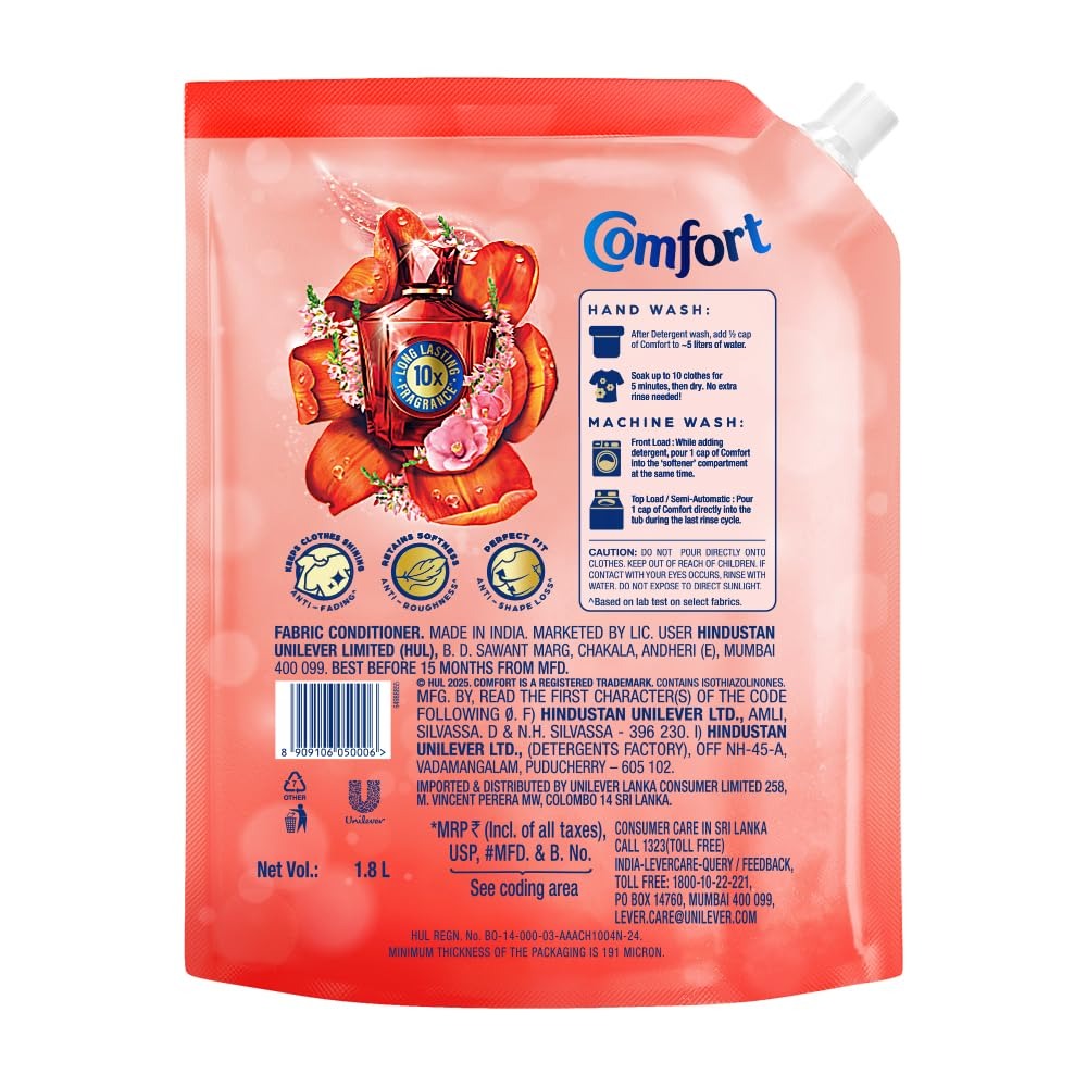 Fabric Conditioner - Comfort Perfume Deluxe Passion 1.8L Pouch - Luxury fragrance for your clothes,Long-lasting Scent, Clothes Freshener, Laundry Fragrance, Floral Musk, 1.8L Pouch