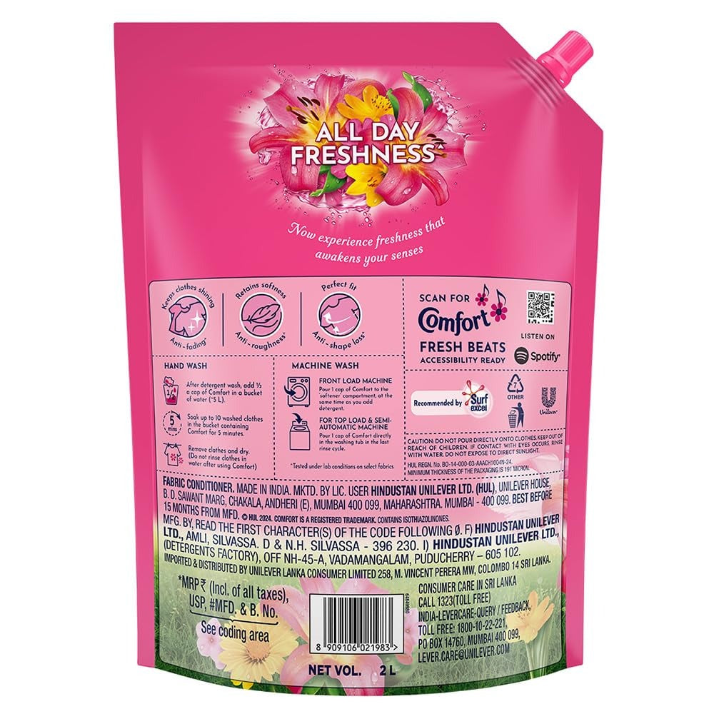 Fabric Conditioner - Comfort Lily Fresh Fabric Conditioner 2 L Refill Pack|| After Wash Liquid Fabric Softener - For Softness|| Shine & Long Lasting Freshness,