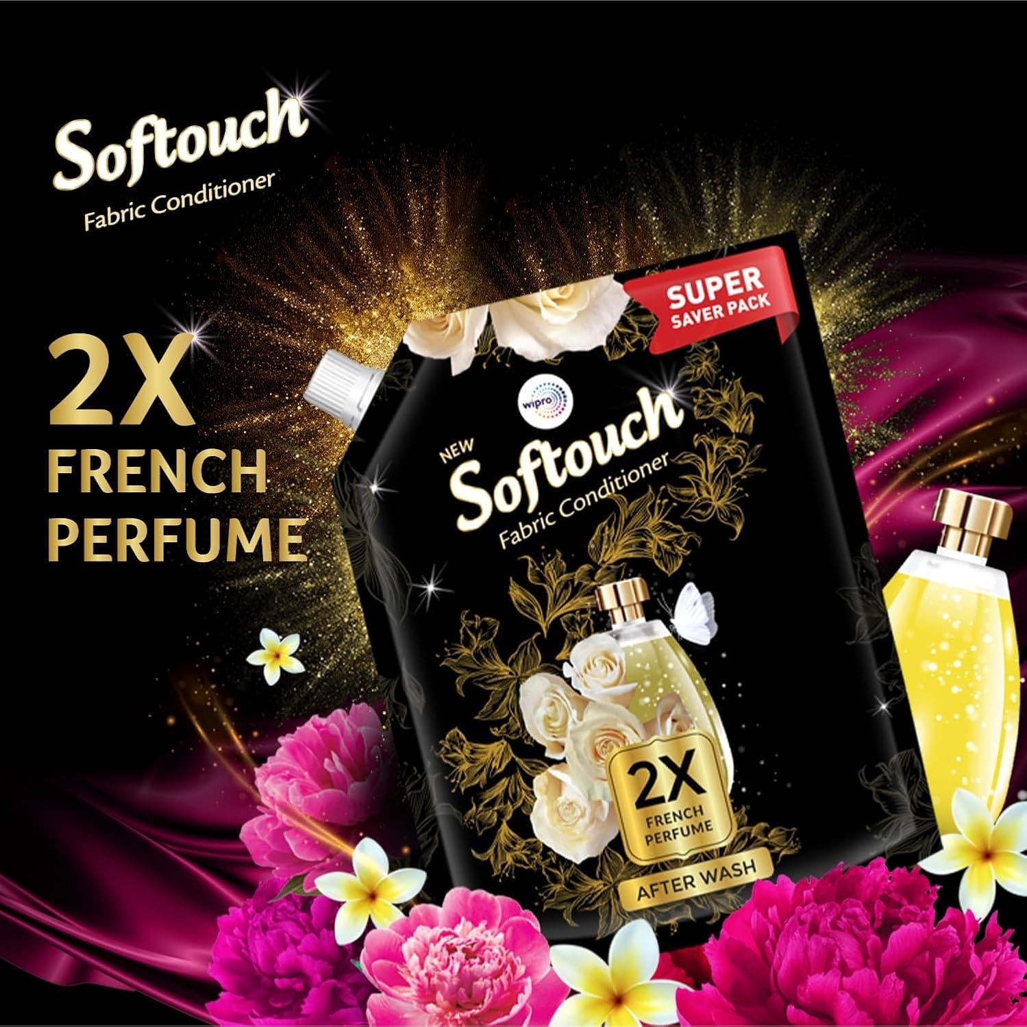 Fabric Conditioner - Soft Touch 2X French Perfume Fabric Conditioner Refill Pack by Wipro, 2000ml,fabric softener, laundry care, long-lasting fragrance, French perfume,