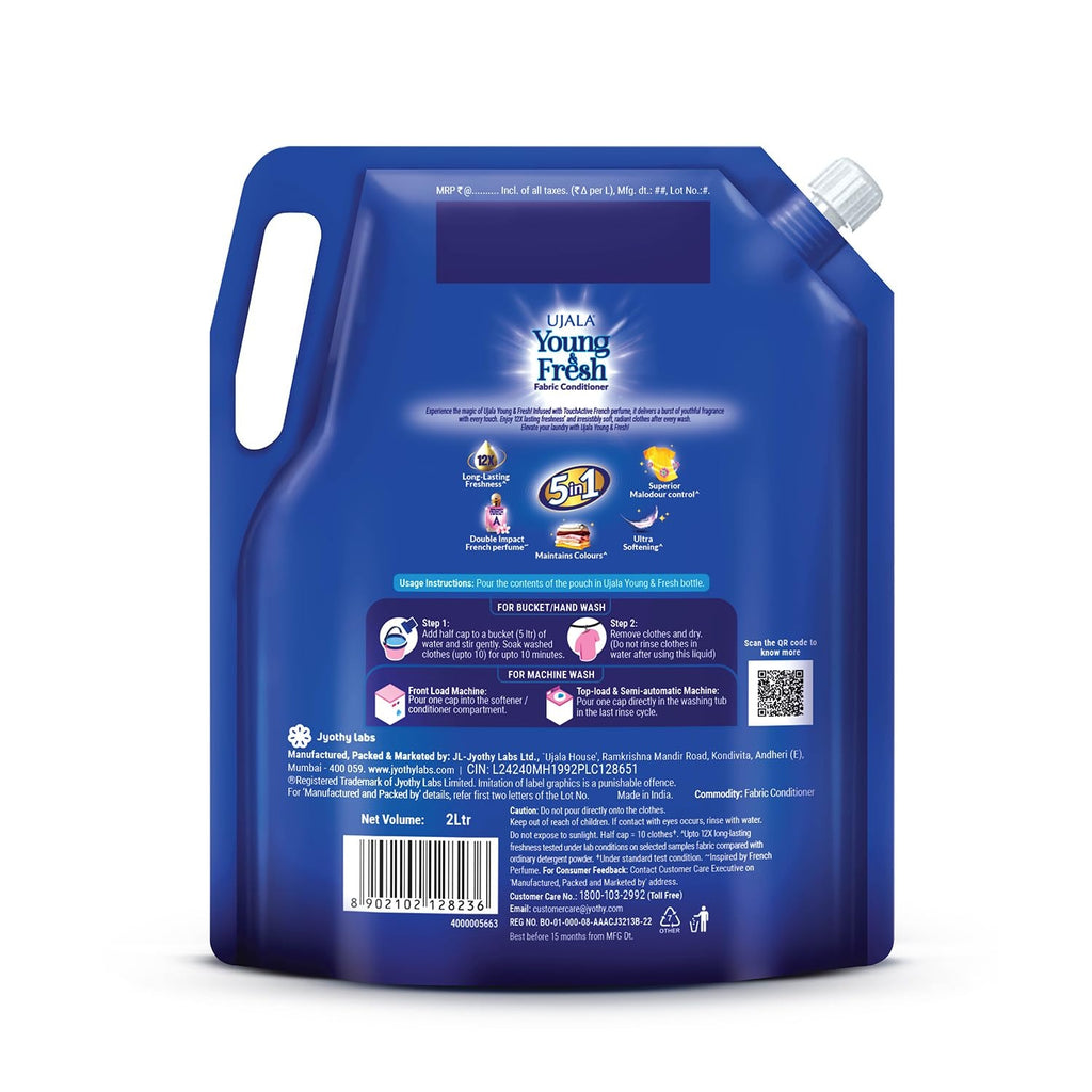 Fabric Conditioner - UJALA Young & Fresh Fabric Conditioner - 2L Pouch [ Bliss ] | After Wash Fabric Conditioner with Long-Lasting Fragrance | Powered with French Perfume |