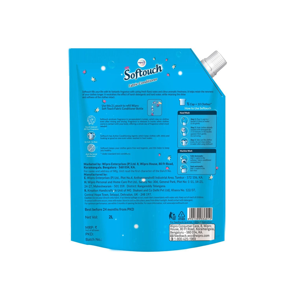 Fabric Conditioner - Soft touch Ocean Breeze Fabric Conditioner by Wipro, 2L,fabric conditioner, liquid softener, ocean breeze scent, long-lasting fragrance, Wipro Softouch,