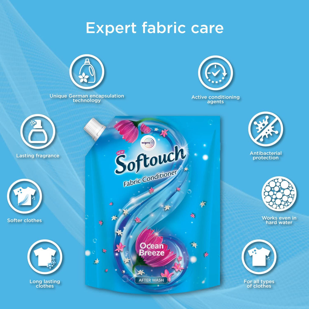 Fabric Conditioner - Soft touch Ocean Breeze Fabric Conditioner by Wipro, 2L,fabric conditioner, liquid softener, ocean breeze scent, long-lasting fragrance, Wipro Softouch,