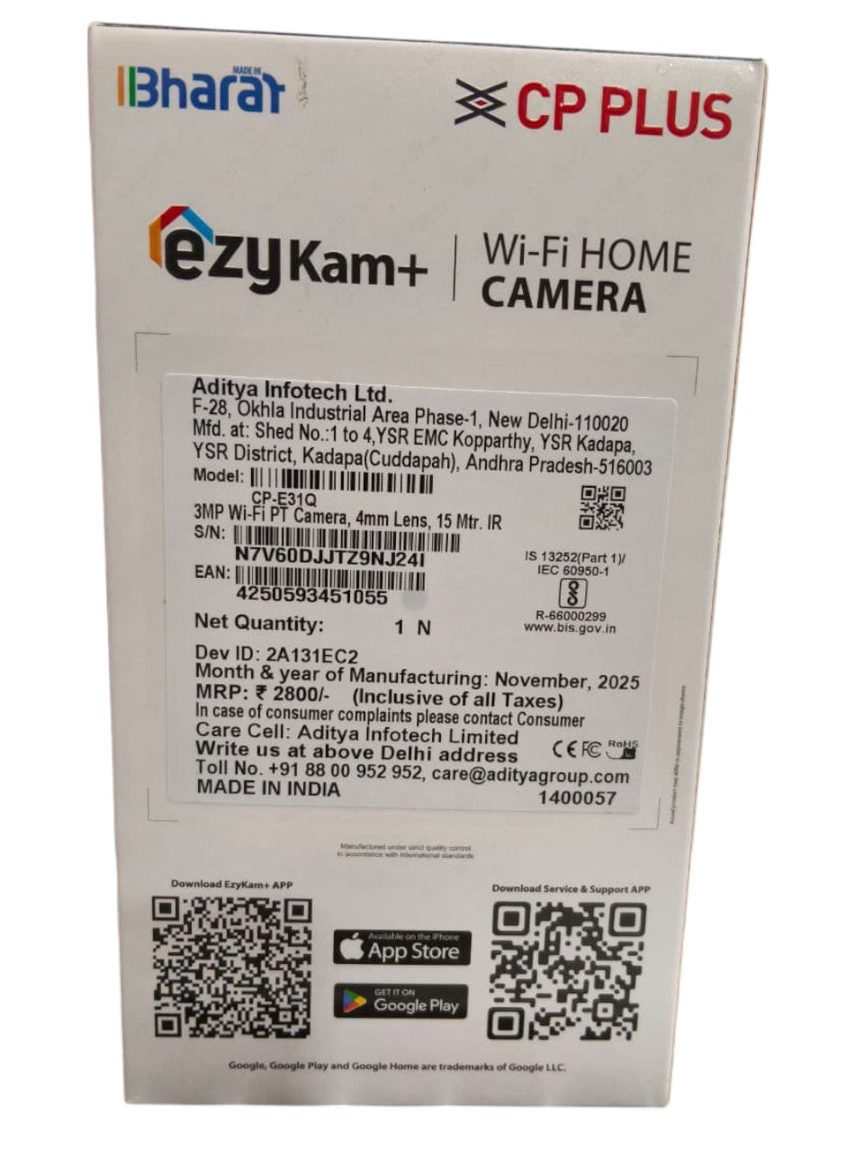 CCTV Camera - CP PLUS- Logic- CP-E31Q 3MP Wi-Fi Smart CCTV Camera with CTC Cyber Secure Technology & Cloud Storage | Indoor Home Security Camera | 256 GB Support | 1 ChannelMRP:2800|
