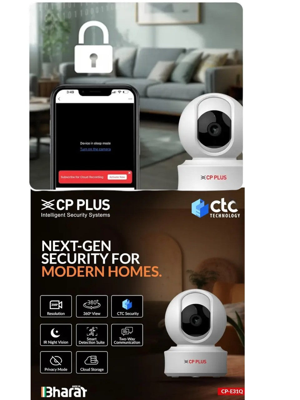 CCTV Camera - CP PLUS- Logic- CP-E31Q 3MP Wi-Fi Smart CCTV Camera with CTC Cyber Secure Technology & Cloud Storage | Indoor Home Security Camera | 256 GB Support | 1 ChannelMRP:2800|