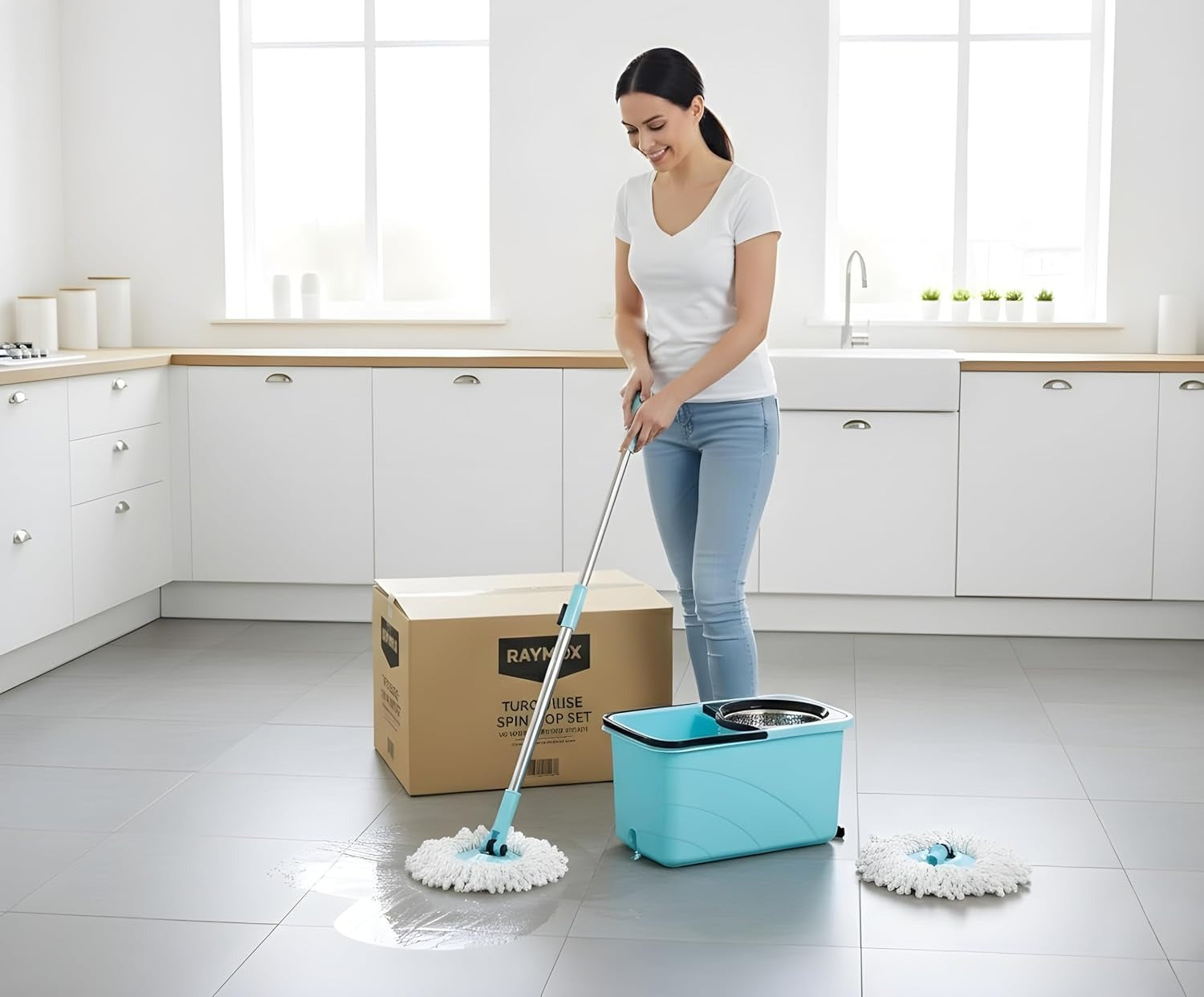 Spin Mop -  Square Spin Mop with Steel Wringer & Easy Wheels with Extra 1 Microfiber Refill, Floor Cleaning Mop Stick with Bucket, Pocha  |MRP: 2199/-| Easy Mobility Wheels, Splash Guard Bucket, Adjustable Mop Handle, Durable Plastic Bucket