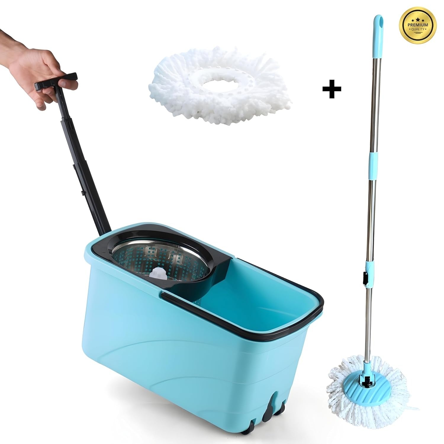 Spin Mop -  Square Spin Mop with Steel Wringer & Easy Wheels with Extra 1 Microfiber Refill, Floor Cleaning Mop Stick with Bucket, Pocha  |MRP: 2199/-| Easy Mobility Wheels, Splash Guard Bucket, Adjustable Mop Handle, Durable Plastic Bucket