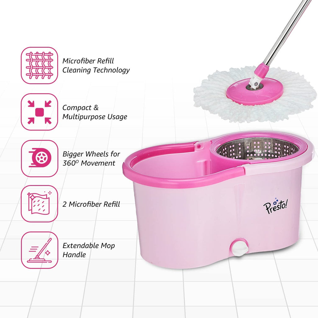 Spin Mop - Spin Mop with Steel Wringer Plastic Bucket Set, Pink |. MRP : 1798/-| Floor Cleaning Spin Mop Set | Easy Press Steel Wringer Mop | Home Cleaning Spin Mop | Wet & Dry Floor Mop |Heavy Duty Spin Mop Bucket