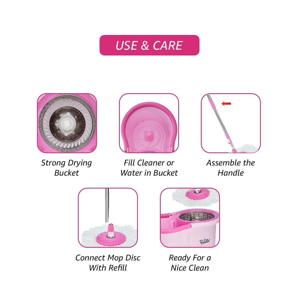 Spin Mop - Spin Mop with Steel Wringer Plastic Bucket Set, Pink |. MRP : 1798/-| Floor Cleaning Spin Mop Set | Easy Press Steel Wringer Mop | Home Cleaning Spin Mop | Wet & Dry Floor Mop |Heavy Duty Spin Mop Bucket