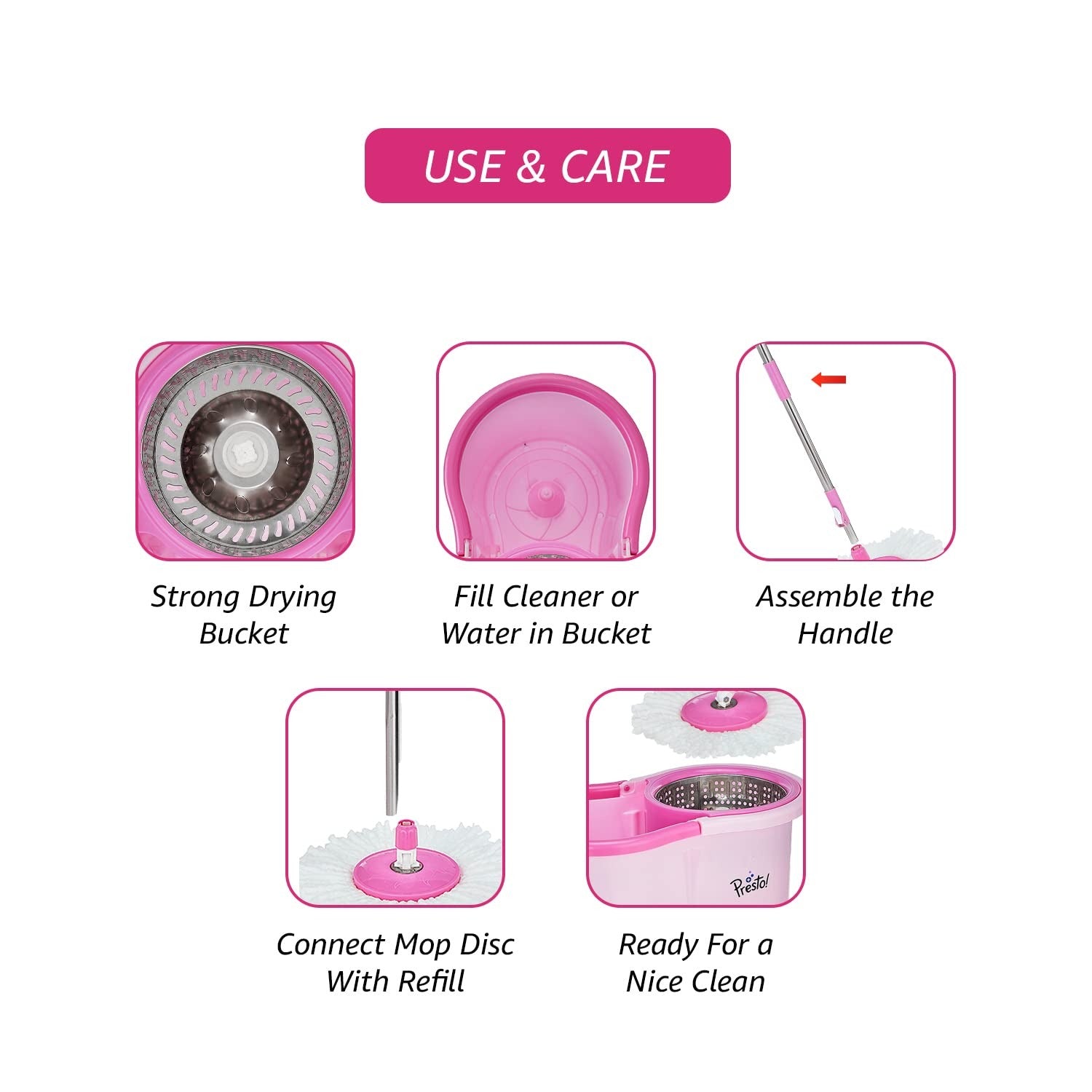 Spin Mop - Spin Mop with Steel Wringer Plastic Bucket Set, Pink |. MRP : 1798/-| Floor Cleaning Spin Mop Set | Easy Press Steel Wringer Mop | Home Cleaning Spin Mop | Wet & Dry Floor Mop |Heavy Duty Spin Mop Bucket