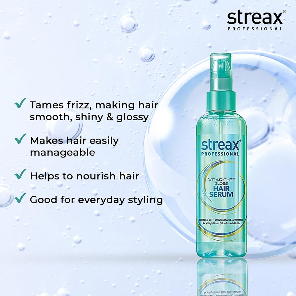 Streax Professional Vitariche Gloss Hair Serum,100ml|for Dry Frizzy Hair|for Women & Men|Enhance Shine & Smoothness,Anti Frizz |With Vitamin E & Macadamia Oil|