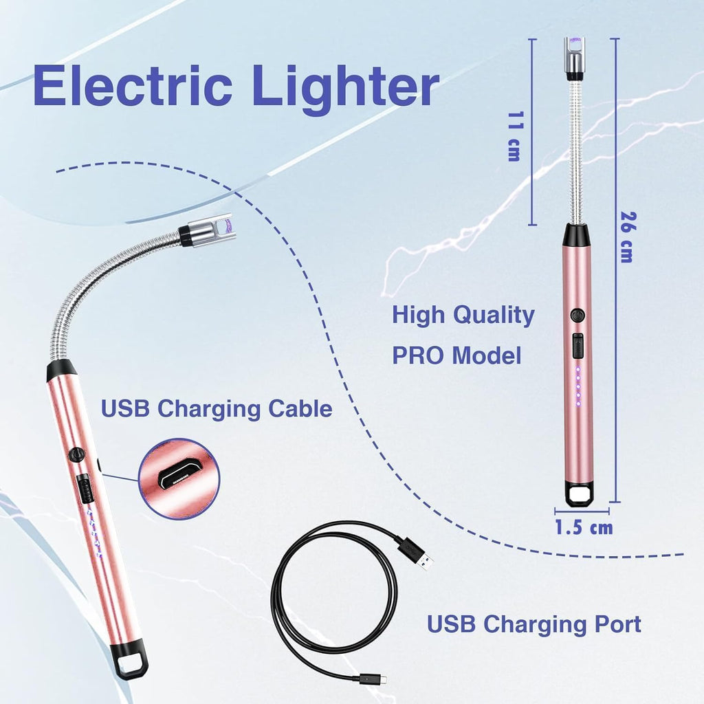 Lighter | C-Type Rechargeable Electric Gas Lighter – USB Kitchen Lighter for Stove, Candle & Household Use, Flame-Free, Long Handle, Rose Gold