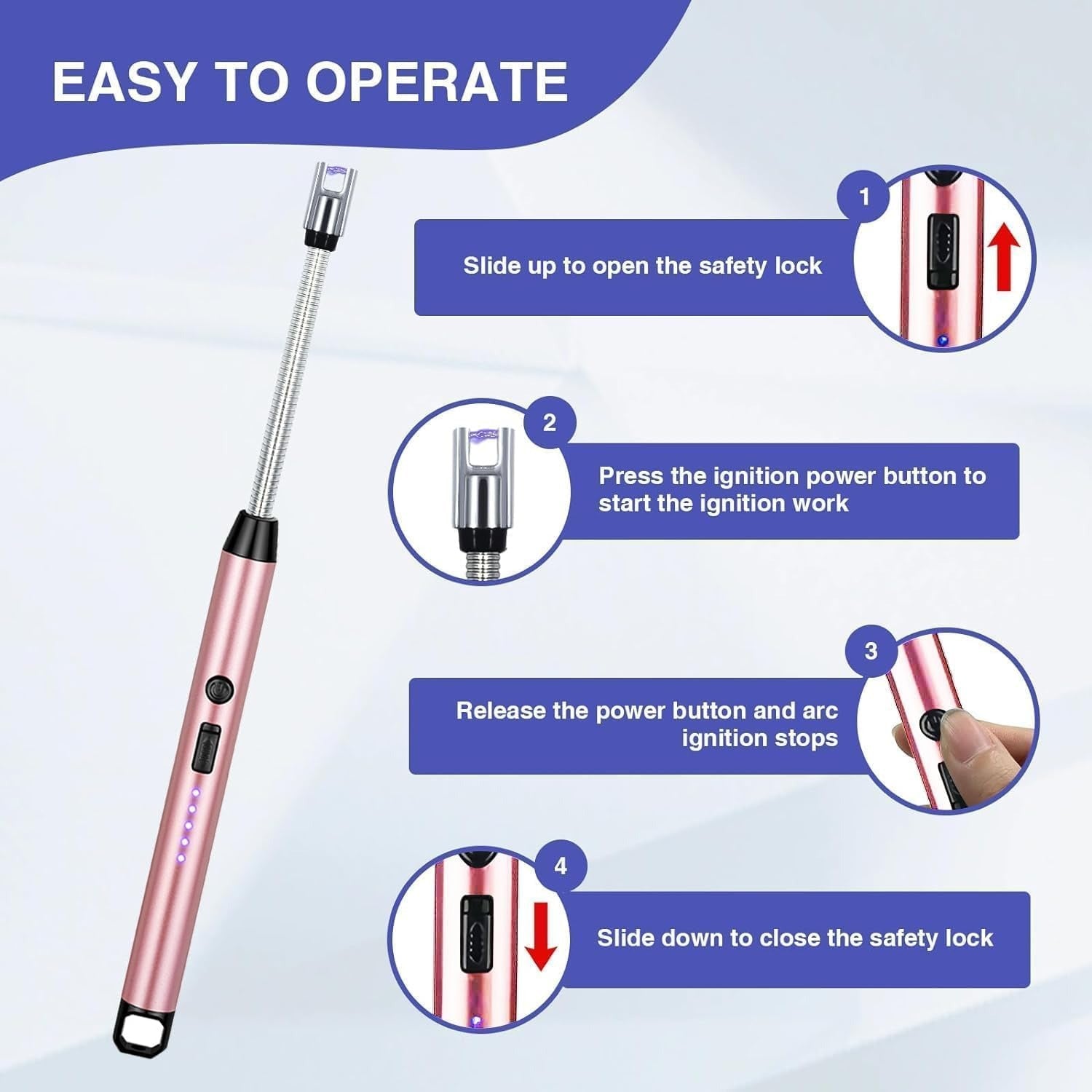 Lighter | C-Type Rechargeable Electric Gas Lighter – USB Kitchen Lighter for Stove, Candle & Household Use, Flame-Free, Long Handle, Rose Gold