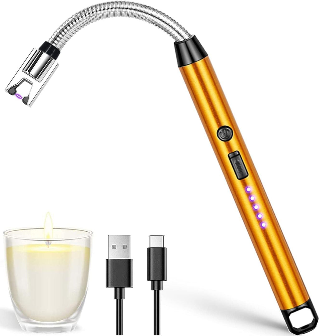 Electric Arc Lighter with Flexible Neck | Flameless USB Candle Lighter with Safety Lock & LED Battery Indicator | Gold |