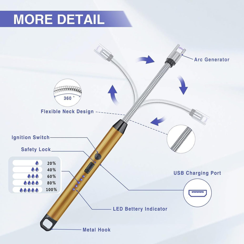 Electric Arc Lighter with Flexible Neck | Flameless USB Candle Lighter with Safety Lock & LED Battery Indicator | Gold |