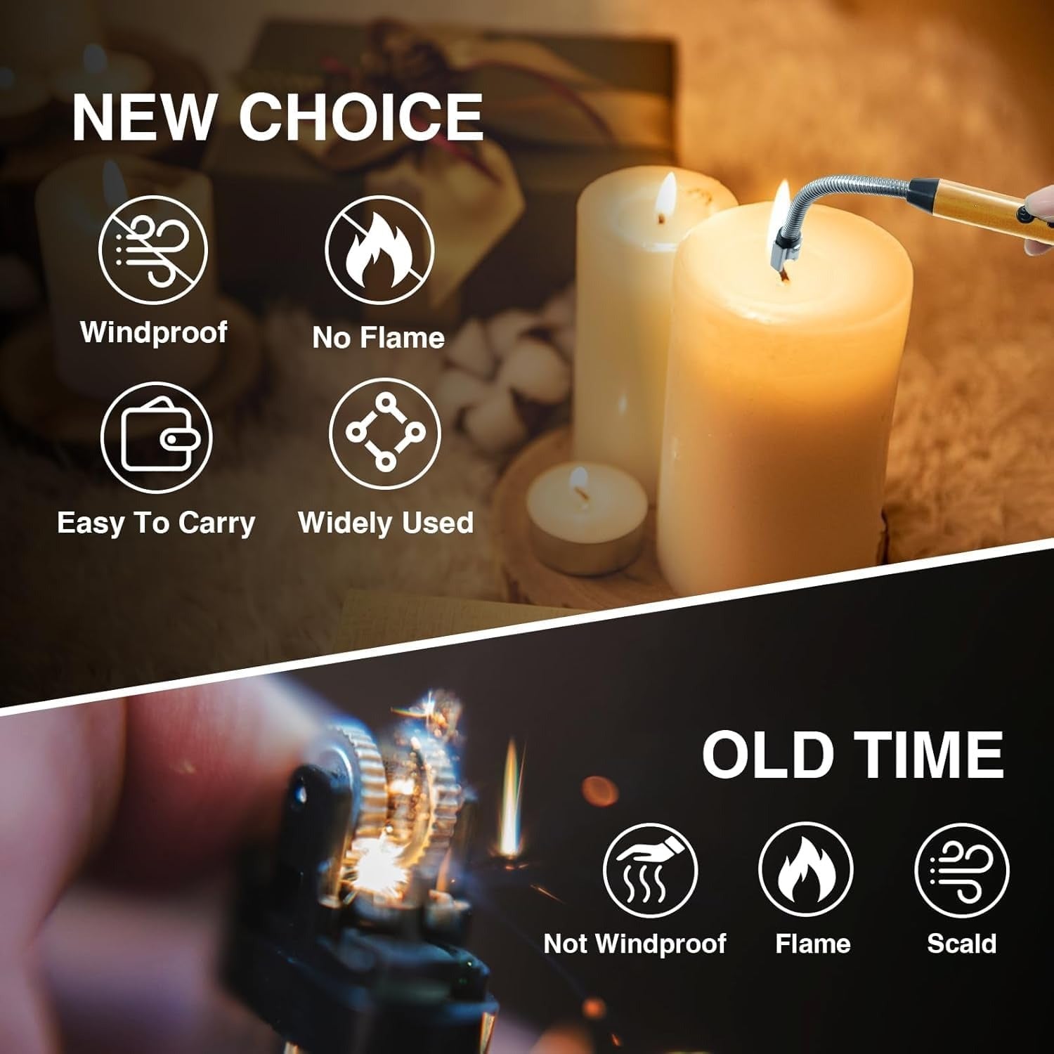 Electric Arc Lighter with Flexible Neck | Flameless USB Candle Lighter with Safety Lock & LED Battery Indicator | Gold |