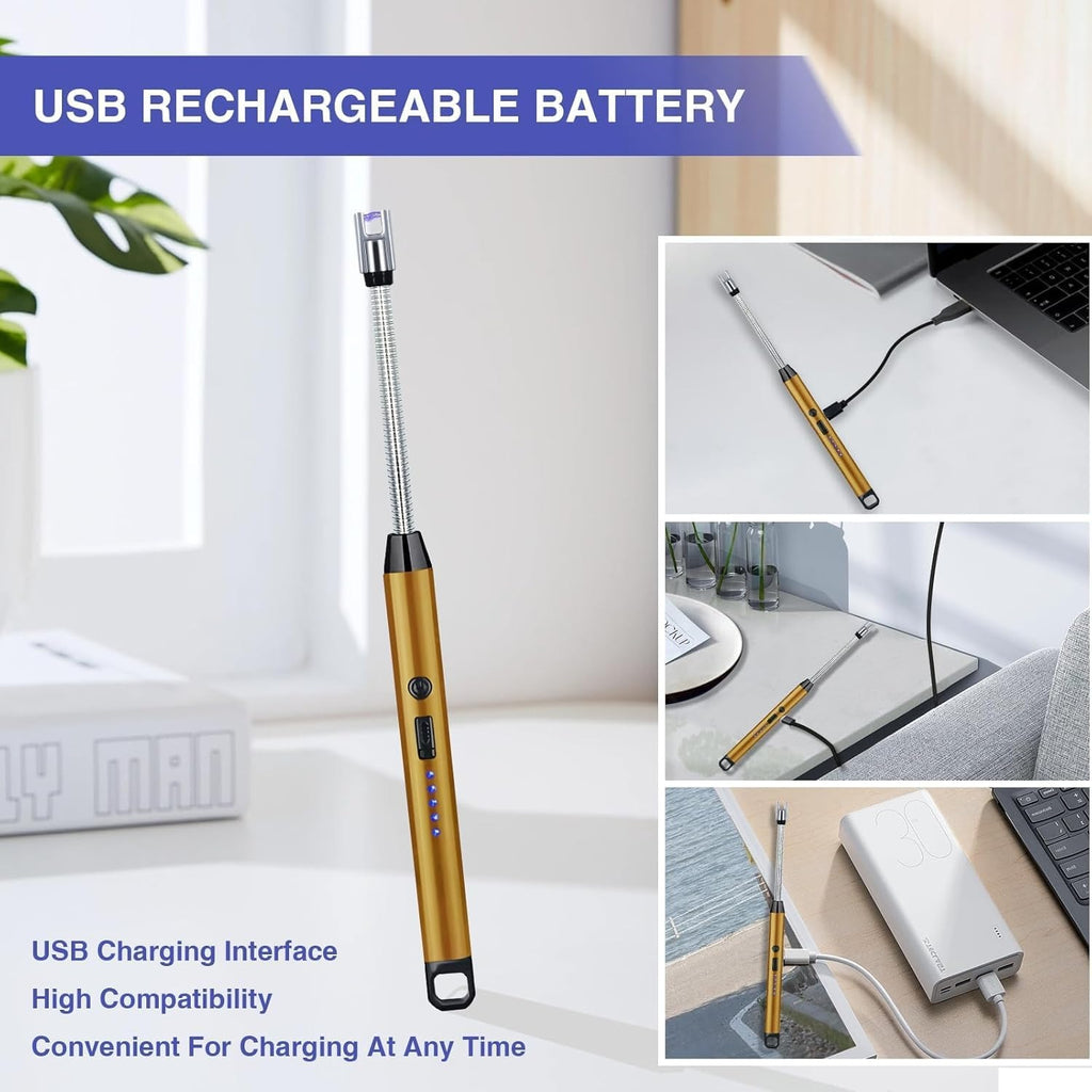 Electric Arc Lighter with Flexible Neck | Flameless USB Candle Lighter with Safety Lock & LED Battery Indicator | Gold |