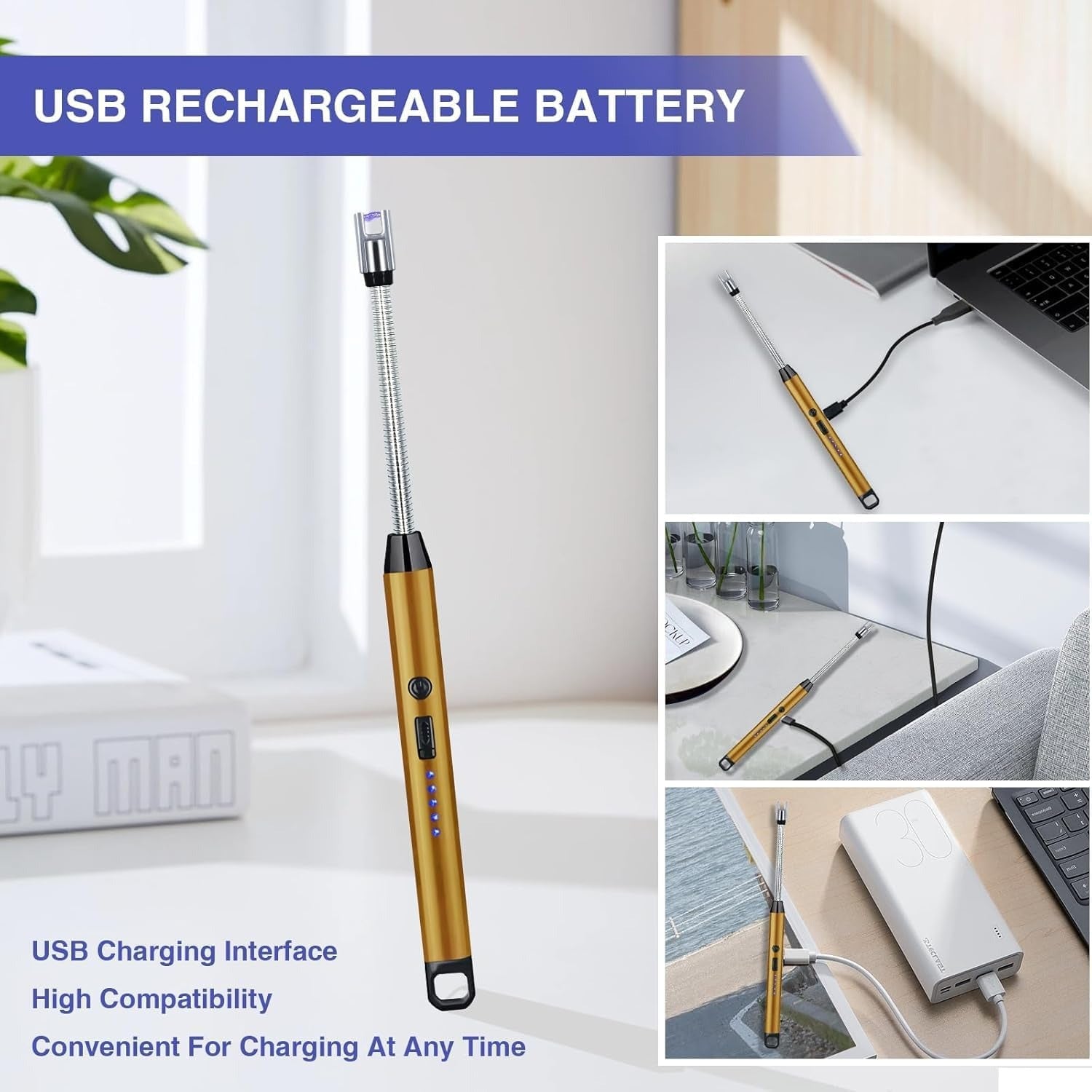 Electric Arc Lighter with Flexible Neck | Flameless USB Candle Lighter with Safety Lock & LED Battery Indicator | Gold |