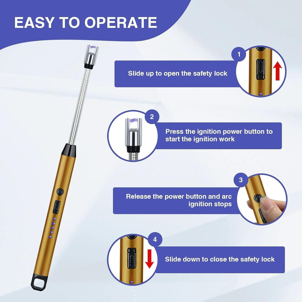 Electric Arc Lighter with Flexible Neck | Flameless USB Candle Lighter with Safety Lock & LED Battery Indicator | Gold |
