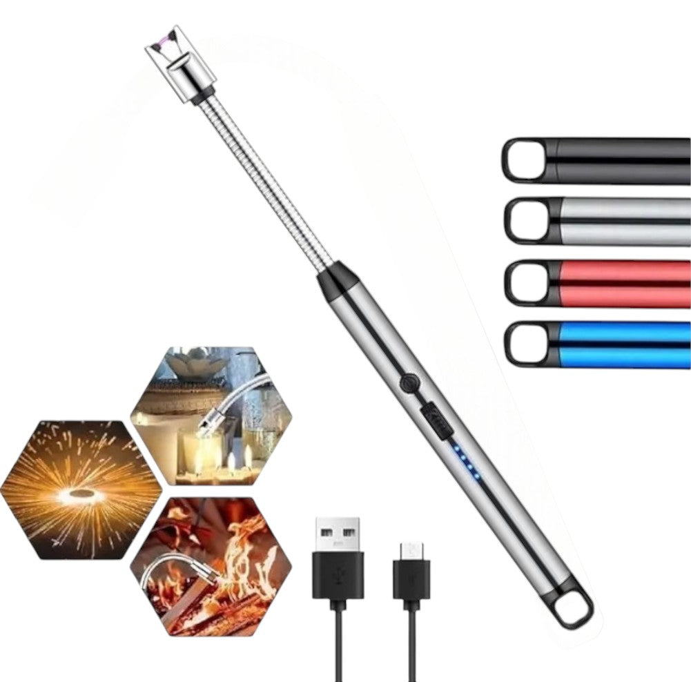 Lighter | Electric Arc Lighter with Flexible Neck | Flameless USB Candle Lighter with Safety Lock & LED Battery Indicator silver